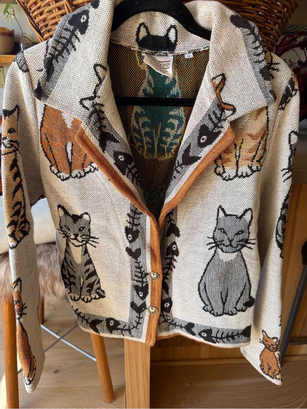 Heirlooms Laguna beach Beige Knit Cat Cardigan with Brown & Gray Motifs